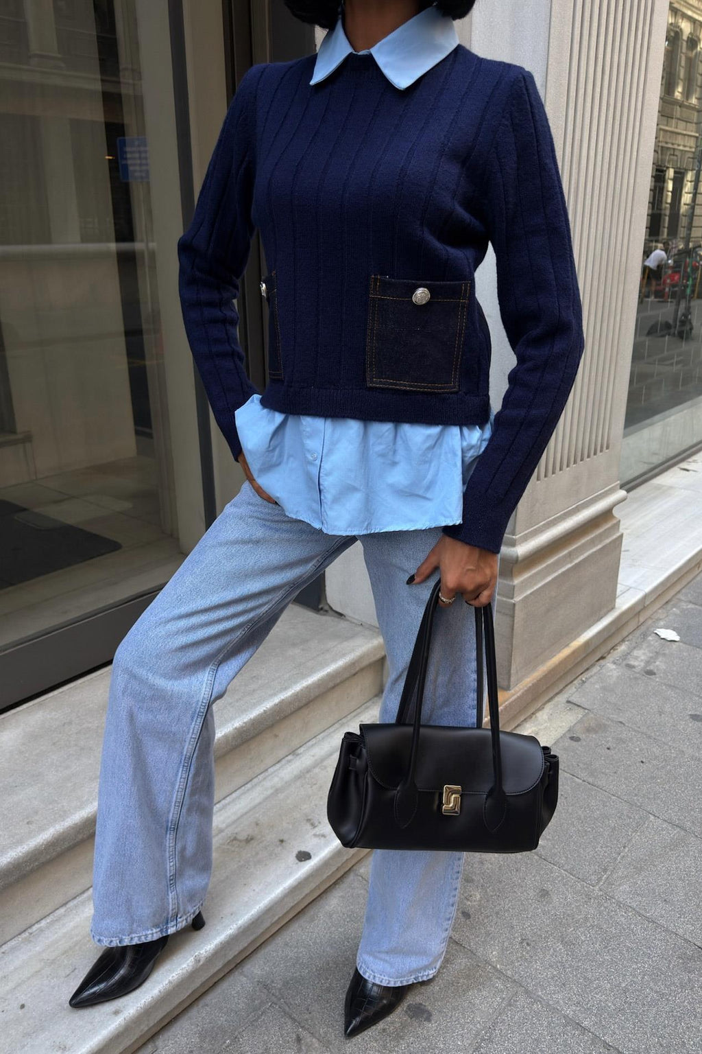 ✨ Poplin ve Denim Garnili Triko Kazak – Katmanlı Görünümlü Şık Günlük Kazak – Lacivert