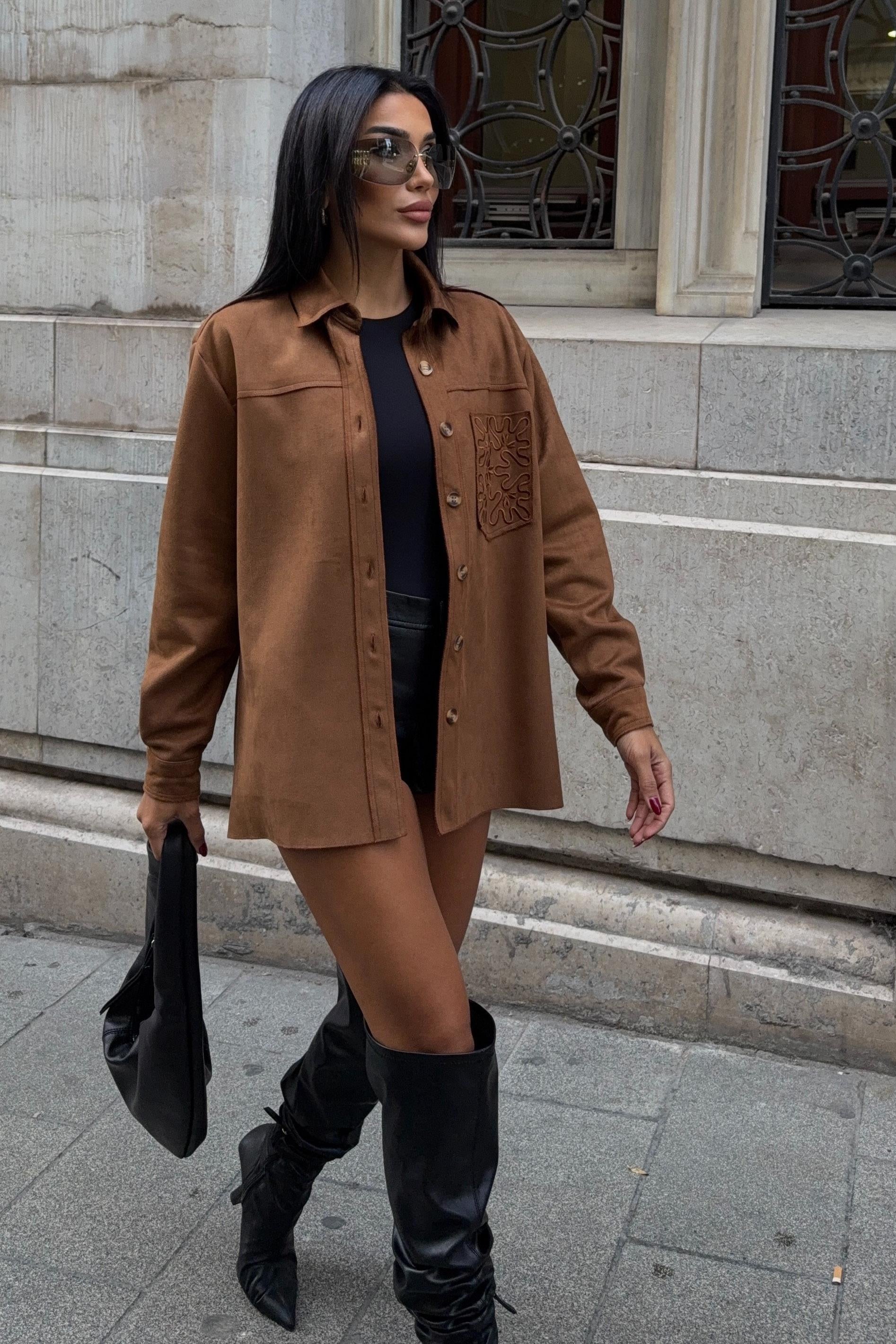 Cebi Nakış Detaylı Süet Gömlek – Kadın Oversize Düğmeli Şık Gömlek