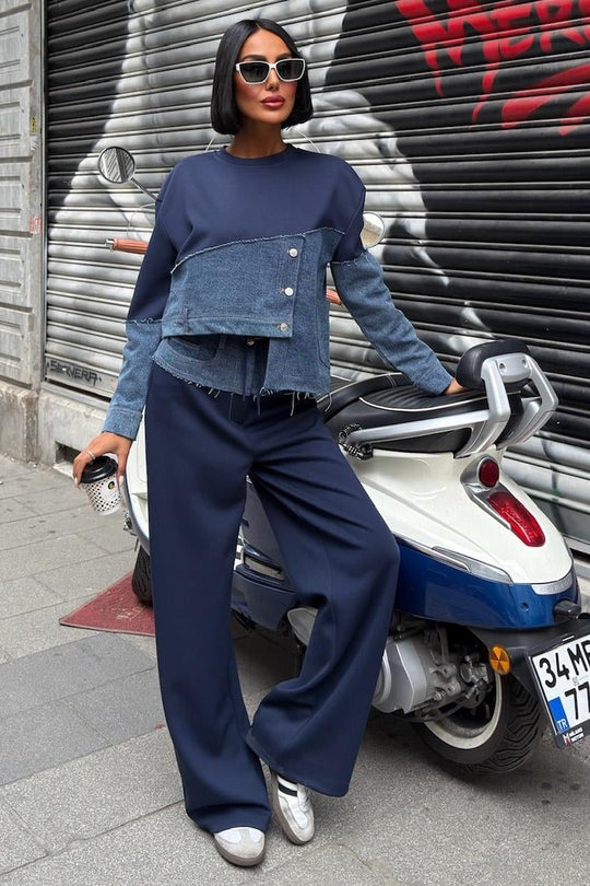 Kot Detaylı İki Renkli Modal Sweatshirt ve Geniş Paça Pantolon Takımı – Lacivert