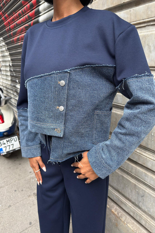 Kot Detaylı İki Renkli Modal Sweatshirt ve Geniş Paça Pantolon Takımı – Lacivert