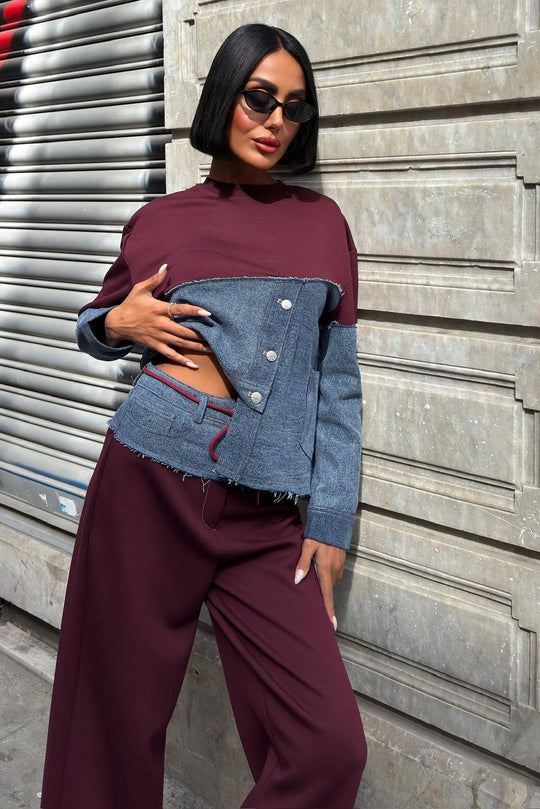 Kot Detaylı İki Renkli Modal Sweatshirt ve Geniş Paça Pantolon Takımı – Lacivert