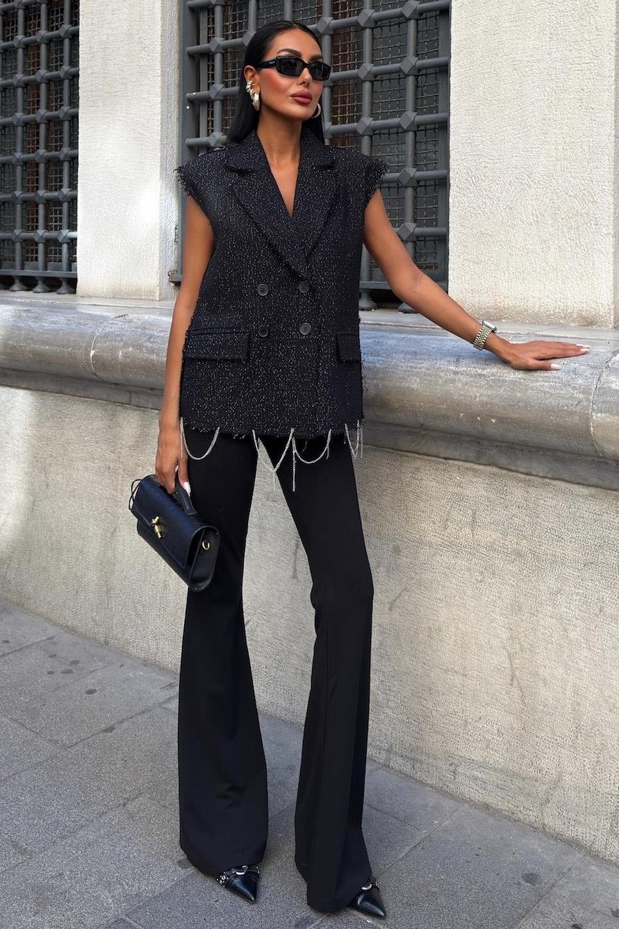 Parıltılı Tweed Kolsuz Blazer Yelek - Kruvaze Gösterişli Üst – Beyaz